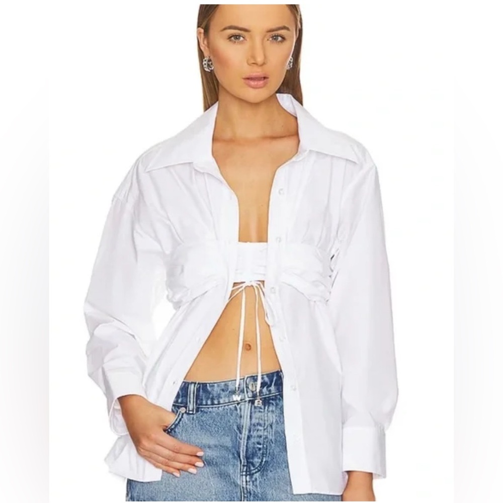 ALEXANDER WANG Ruched Bandeau Overlay Open Front Shirt in white NWT 00